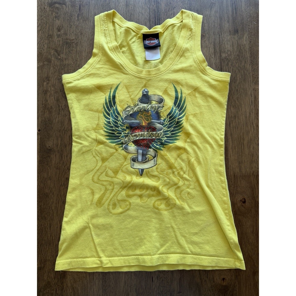 Harley Davidson Naples Florida Womens Tank Top Medium Yellow Winged Heart 2008